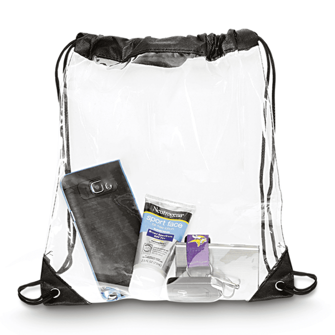 A transparent drawstring bag with black edges containing a phone, sunscreen, and other small items.