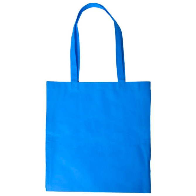 A blue shopping tote bag with v gusset and two handles, featuring a logo on one side.