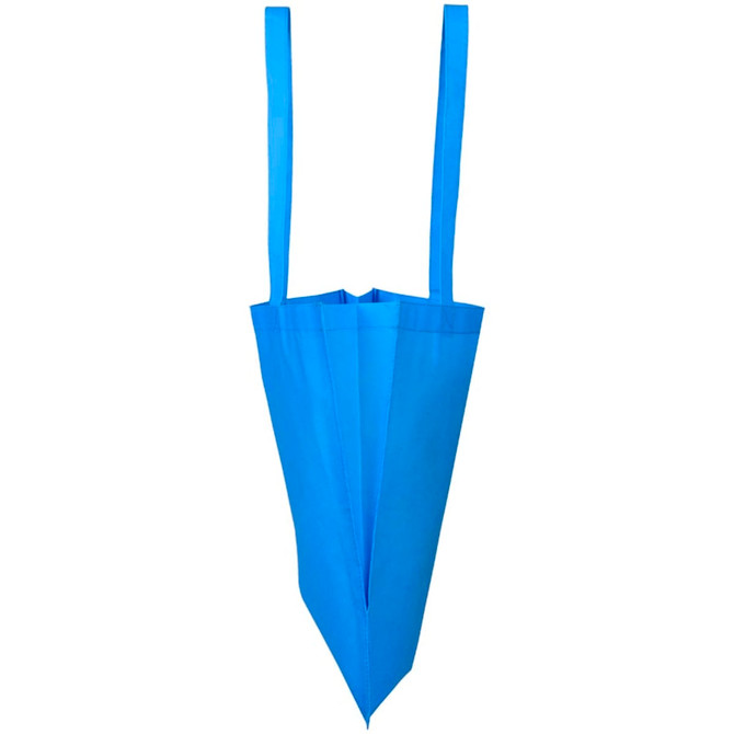 A blue shopping tote bag with a V gusset and two long handles. It features a logo on the front.