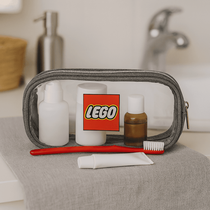 A grey clear travel case containing a toothbrush, toiletry bottles, and a tube, with a logo visible on the front.