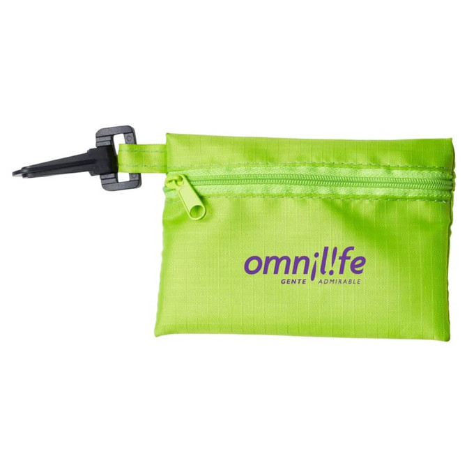 A bright green pouch with a zip closure, featuring a logo and a clip for attachment.