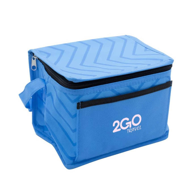 A blue cooler bag with a zippered top, carrying handle, and a front pocket. It features a logo.