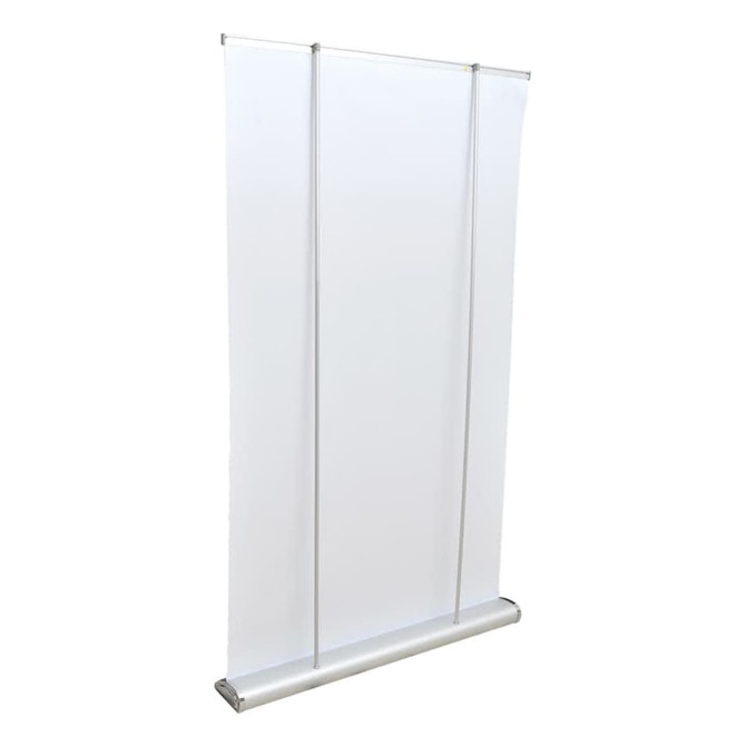 A deluxe 1200mm roll-up banner in white with a silver base and support poles. It features a logo at the bottom.