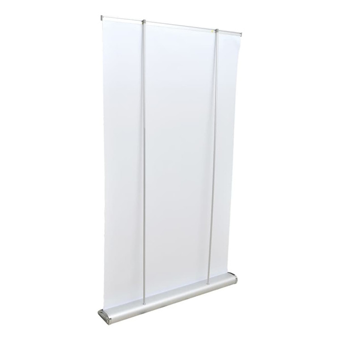 A white roll-up banner with silver hardware, designed for promotional displays and presentations.