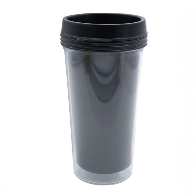 A drink bottle featuring a clear body and a black lid, part of the Digital Galilee 443mL Tumbler range.