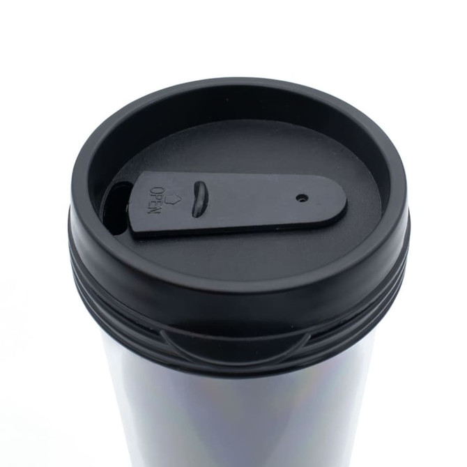A drink bottle with a black lid and a sleek iridescent finish, featuring a logo.