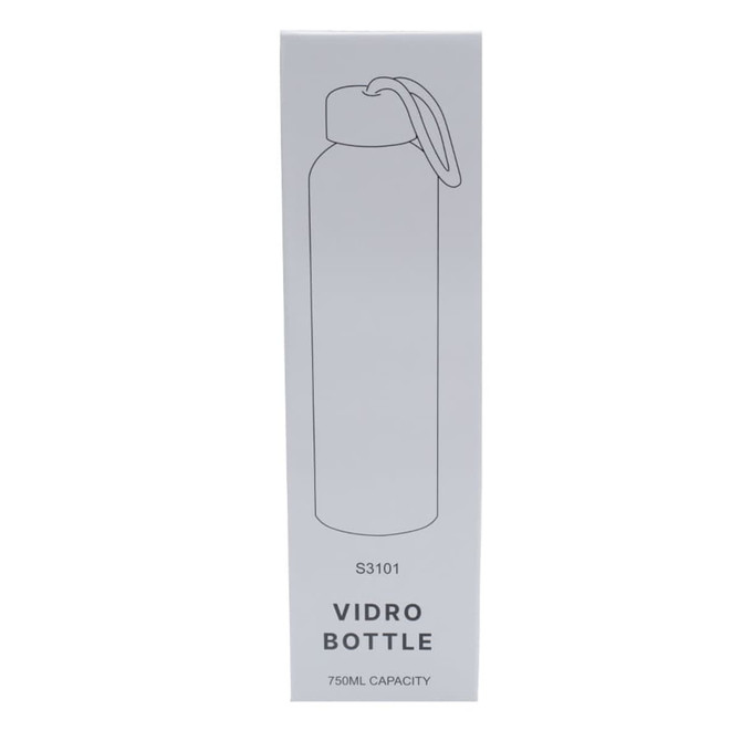 A drink bottle with a sleek design, featuring a removable lid and a capacity of 750ml. It has a simple logo.