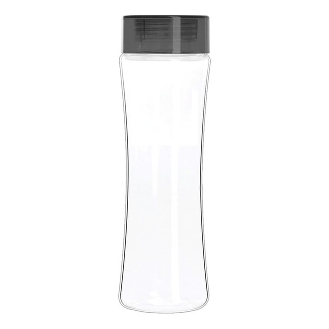 A drink bottle in clear Tritan plastic with a black screw-on lid and a curved design.