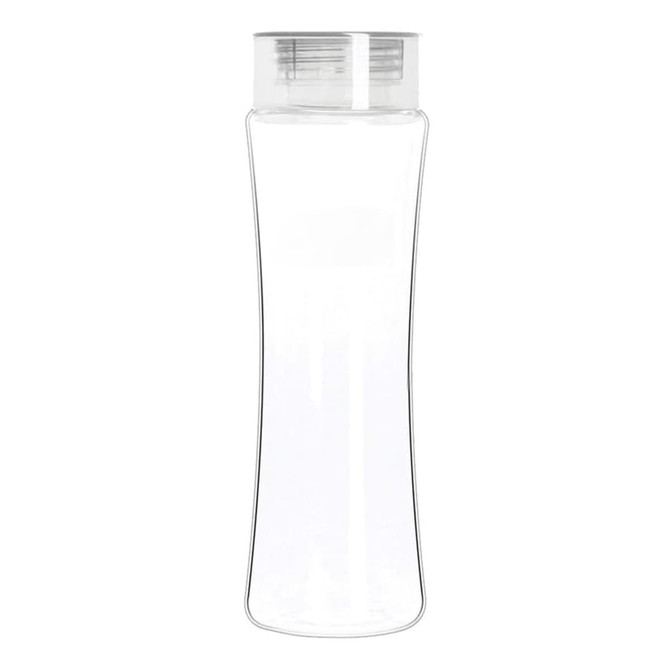 A drink bottle in clear Tritan material with a sleek design and a transparent lid. It features a branding logo.