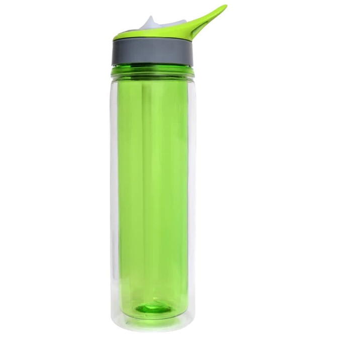A drink bottle with a transparent body and bright green lid, featuring a spout and a logo on the side.