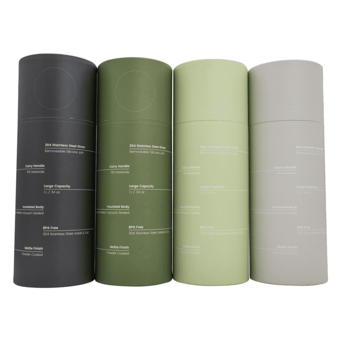 A drink bottle set featuring four colours: dark grey, green, light green, and light grey, all with a logo on the side.