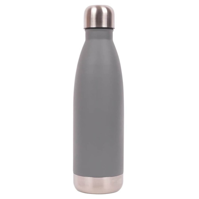 A drink bottle in grey with a stainless steel base and cap, featuring a sleek, modern design.