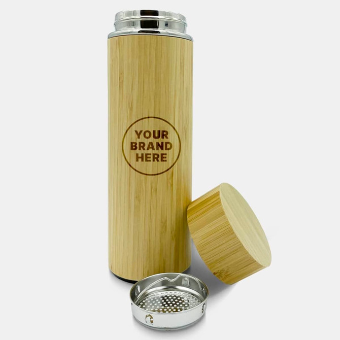 A drink bottle made of bamboo with a stainless steel lid and built-in strainer, featuring branding on the side.