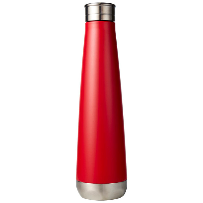 A drink bottle in a sleek red design with a stainless steel base, featuring a logo on its surface.