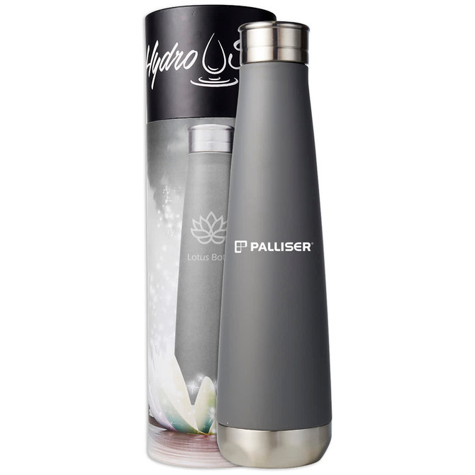 A drink bottle in grey with a silver base, displayed alongside its packaging featuring a logo.