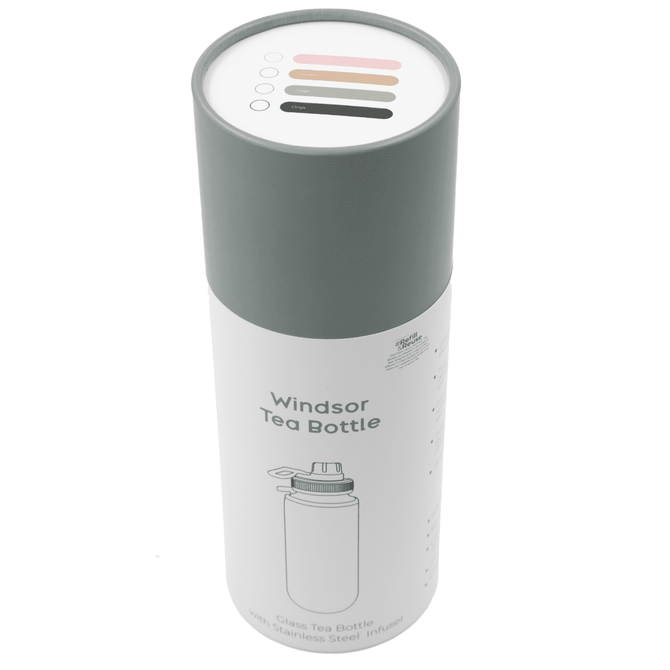 A drink bottle with a sleek design in clear glass and a grey cap, featuring a stainless steel infuser.