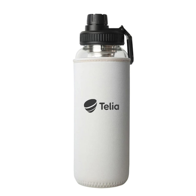 A drink bottle with a clear body and black lid, encased in a white sleeve featuring a logo.