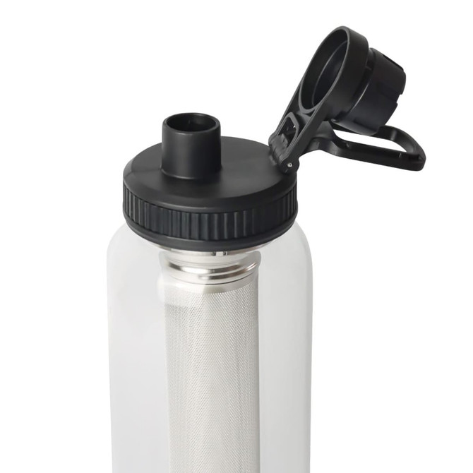A drink bottle with a clear body, black cap, and a built-in tea infuser. It features a handle for easy carrying.