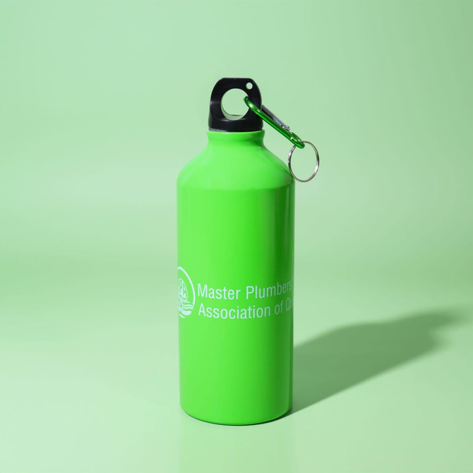 A drink bottle in bright green with a screw cap and keyring attachment, featuring a logo.