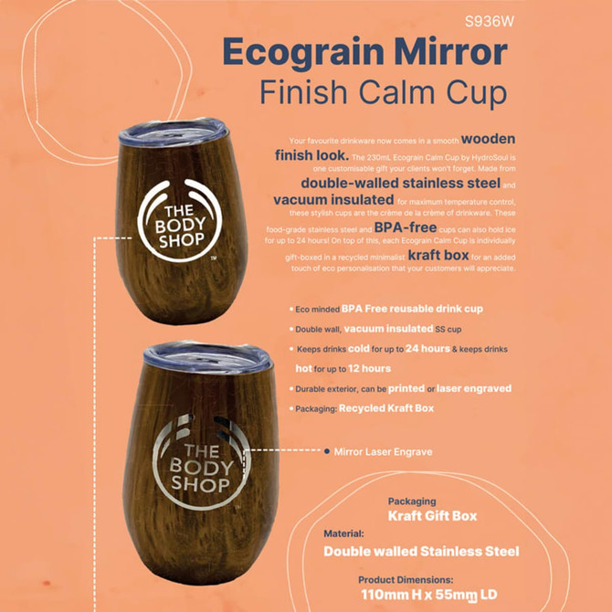 A drink cup with a wooden mirror finish, stainless steel interior, featuring a logo and packaged in a kraft gift box.