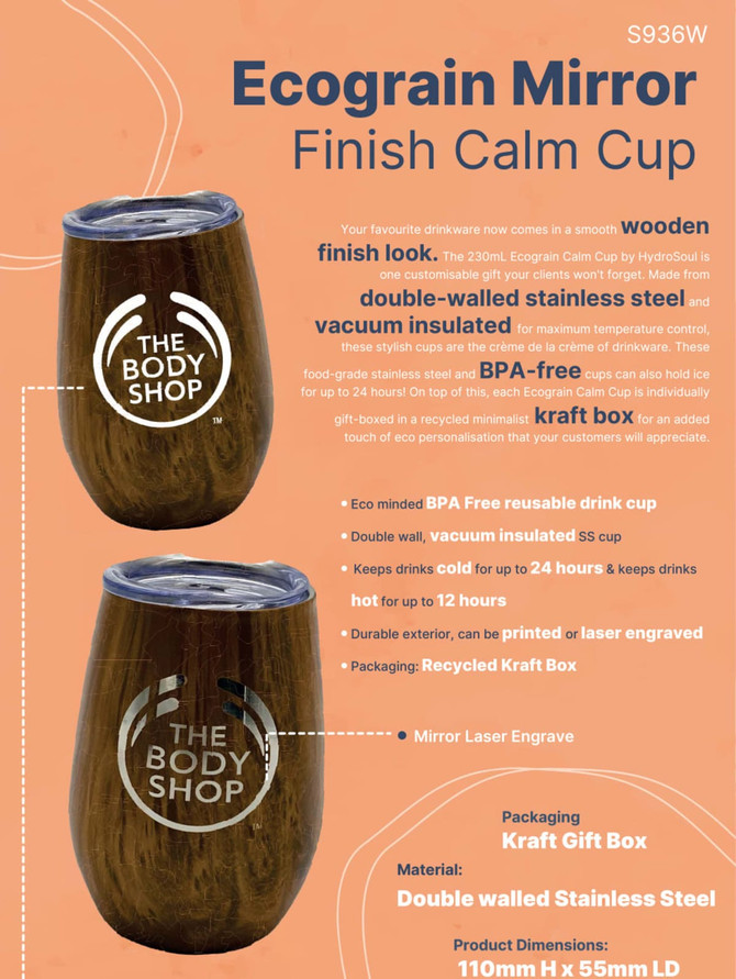 A drink cup with a wooden finish in a Kraft gift box, made from double-walled stainless steel, featuring a logo.