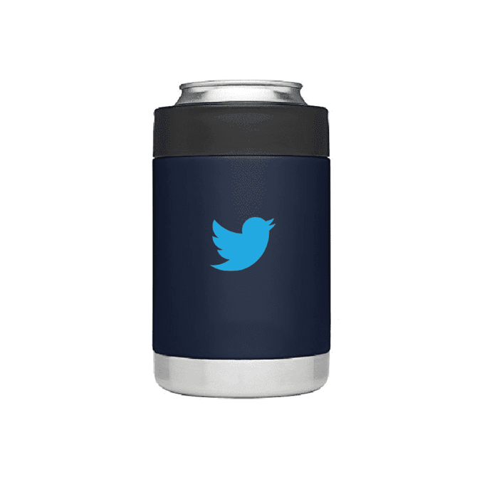 A drink cooler in navy blue with a silver bottom and a logo. Ideal for holding beverages.