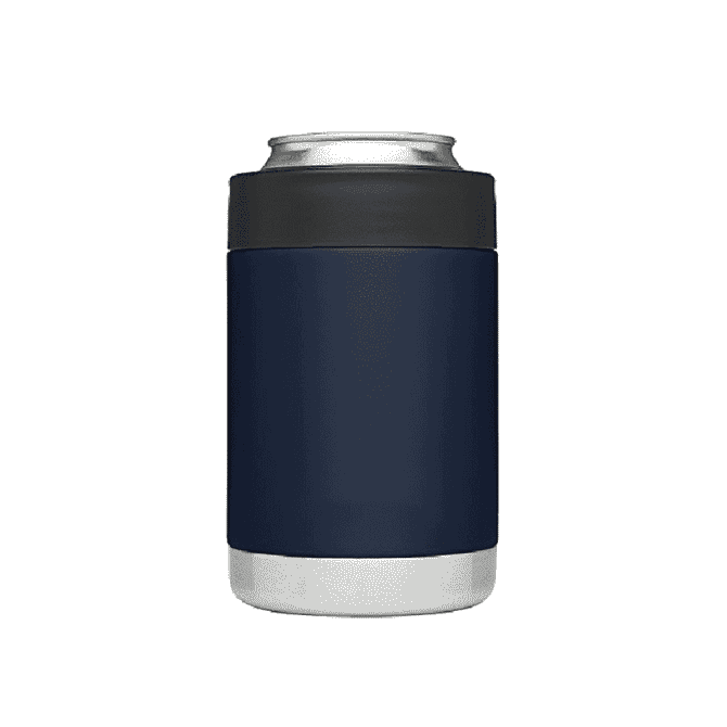 A navy blue stubby cooler made from stainless steel with a grey top. It features a logo on the surface.