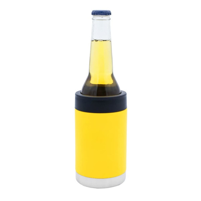 A drink bottle covered in a bright yellow stubby holder with a black top and a silver base.