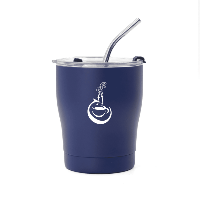 A drink bottle in dark blue with a straw, featuring a logo on the side. Ideal for travel use.