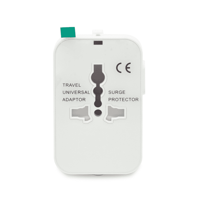 A white travel universal adaptor with multiple socket openings and a green tab. It features a surge protector.