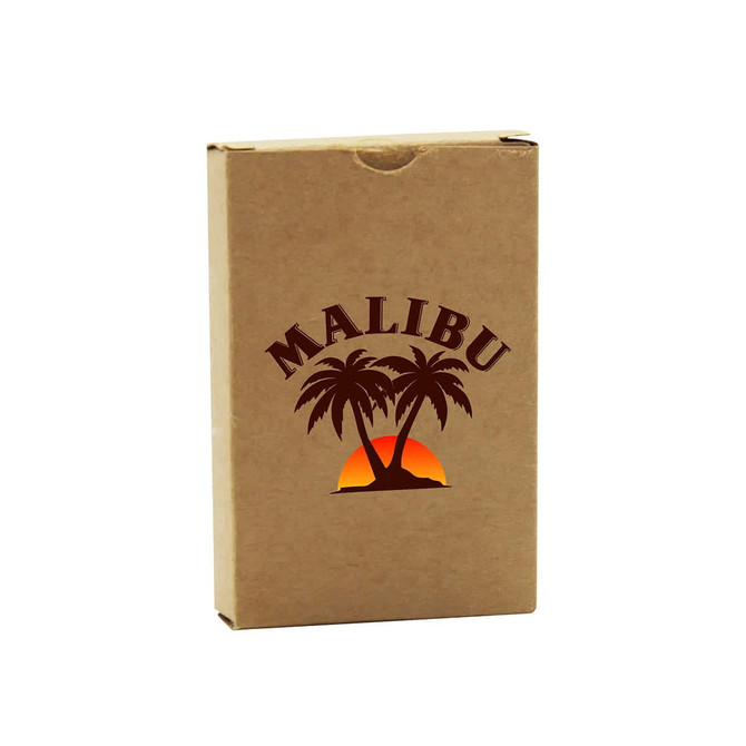 A tan cardboard box containing eco-friendly playing cards with a logo featuring palm trees and a sunset.