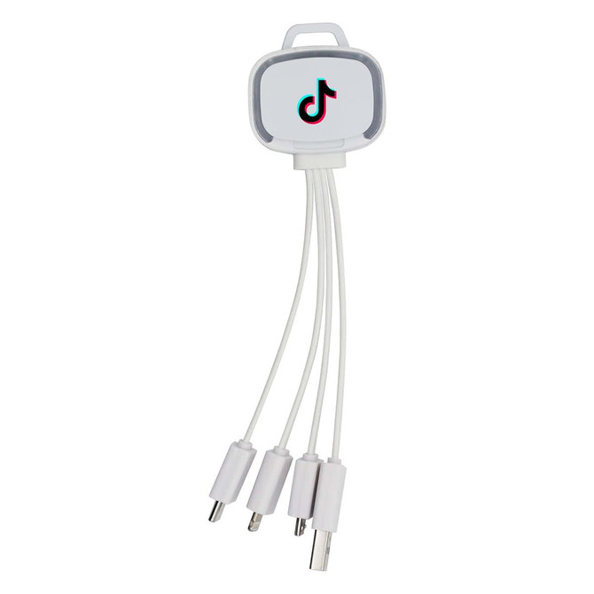 A 4-in-1 charging cable in white with multiple connectors and a logo on the main body.