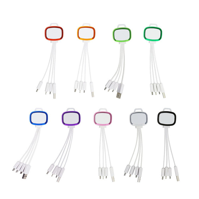 A set of multicoloured 4-in-1 charging cables, each with a different coloured connector and a logo on top.