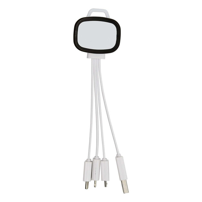 A white 4-in-1 charging cable with a rectangular connector and three detachable tips for various devices.