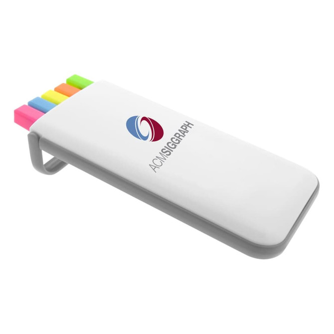 A highlighter set with five bright colours: pink, yellow, green, orange, and blue. Features a white case with a logo.