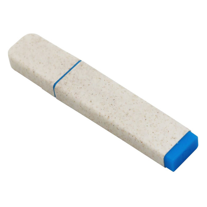 An eco-friendly highlighter in a white and blue design, featuring a speckled texture and a blue end cap.