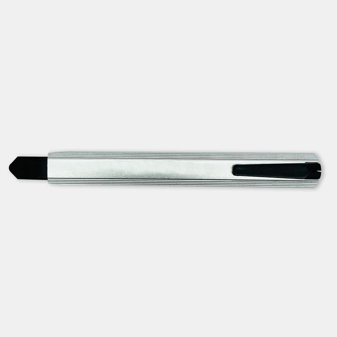 A sleek silver Slimline Retractable Box Cutter with a black blade and a built-in keyring attachment.