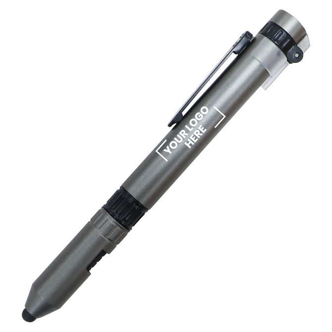 A grey survival stylus pen featuring a clip and a logo. Ideal for writing tasks.
