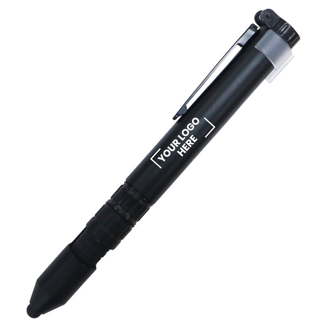 A black stylus pen featuring a retractable tip and a clip, with space for a logo.