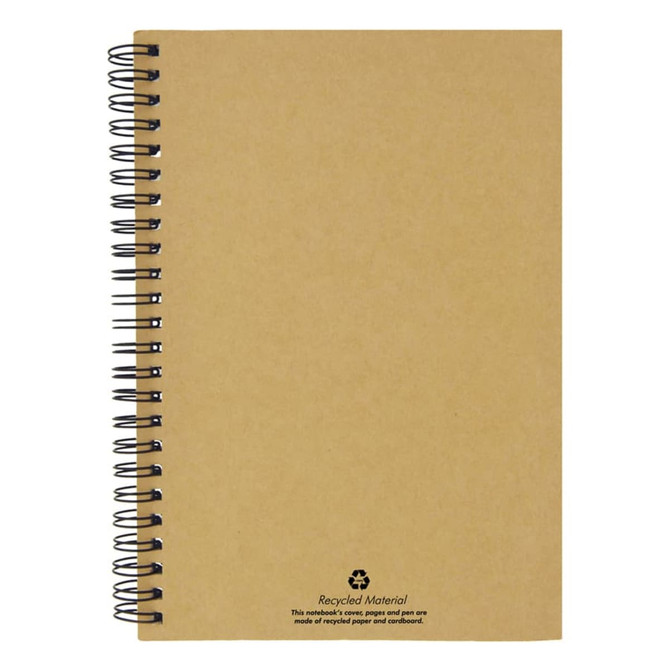 A recycled paper notebook with a brown cover and black spiral binding, featuring a logo on the bottom.