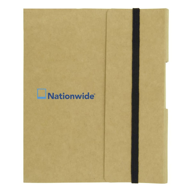 A small brown tuck journal book featuring a black elastic band and a logo on the front cover.