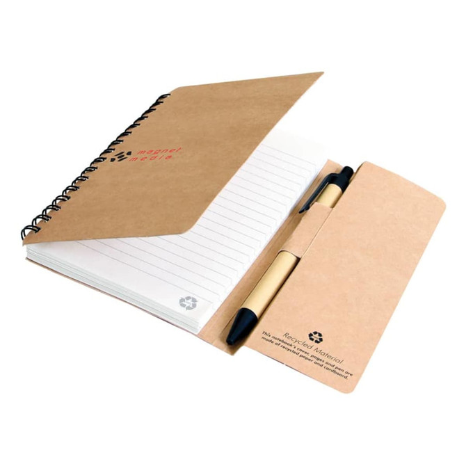 A small, brown recycled tuck journal featuring lined pages and a pen holder, with a pen included.