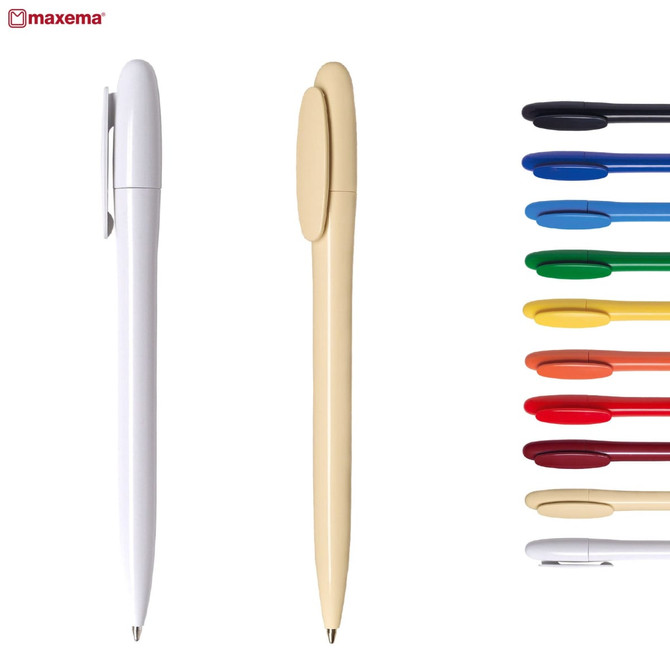 A collection of plastic pens in various colours, featuring a white pen and a beige pen, with a logo present.