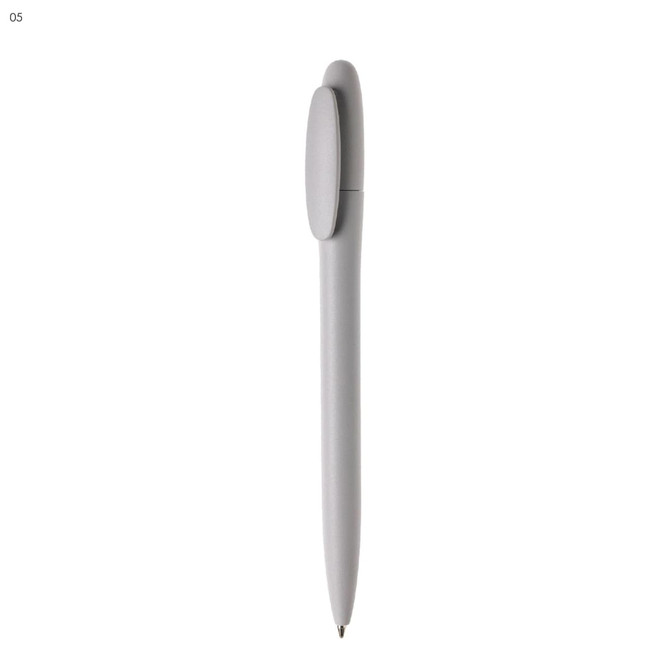 A plastic pen in a sleek grey design, featuring a subtle logo on the body.