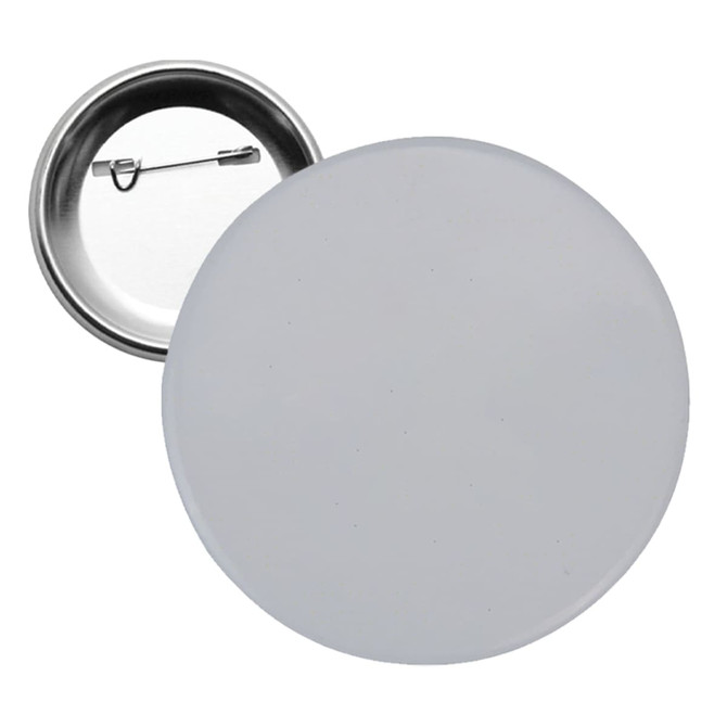 A round 58mm button badge in white, featuring a silver pin clasp on the back for attachment.