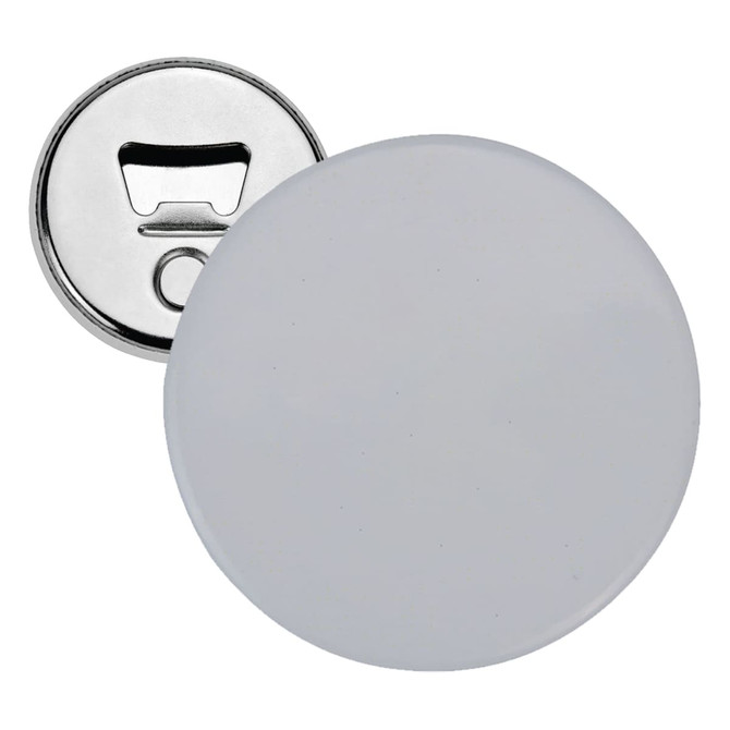 A silver bottle opener with a round white button badge front, featuring a metal backing for attachment.