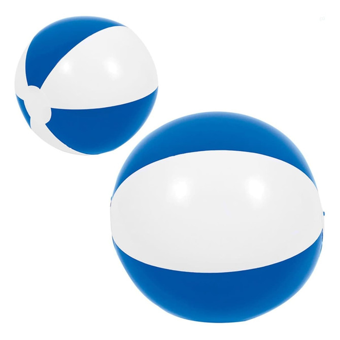 A blue and white beach ball, 40cm in size, ideal for outdoor fun and games. It features a logo.