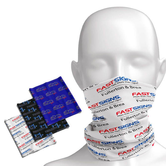 A bandana in blue, black, and white featuring a logo, displayed on a mannequin head.