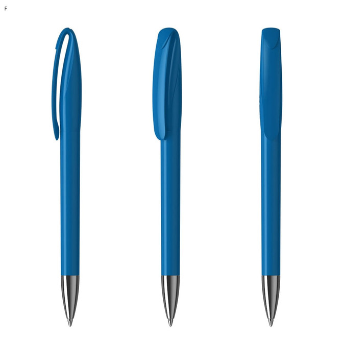 A plastic pen in blue with a sleek design and a silver tip, featuring a branding logo.