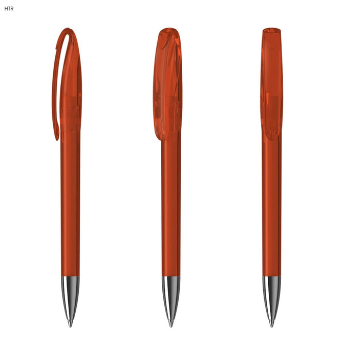 A set of three transparent orange pens with silver tips, featuring a clip and a cap. The pens have a sleek design and branding.